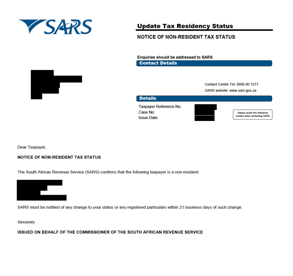 Notice of Non Tax Residency Redacted